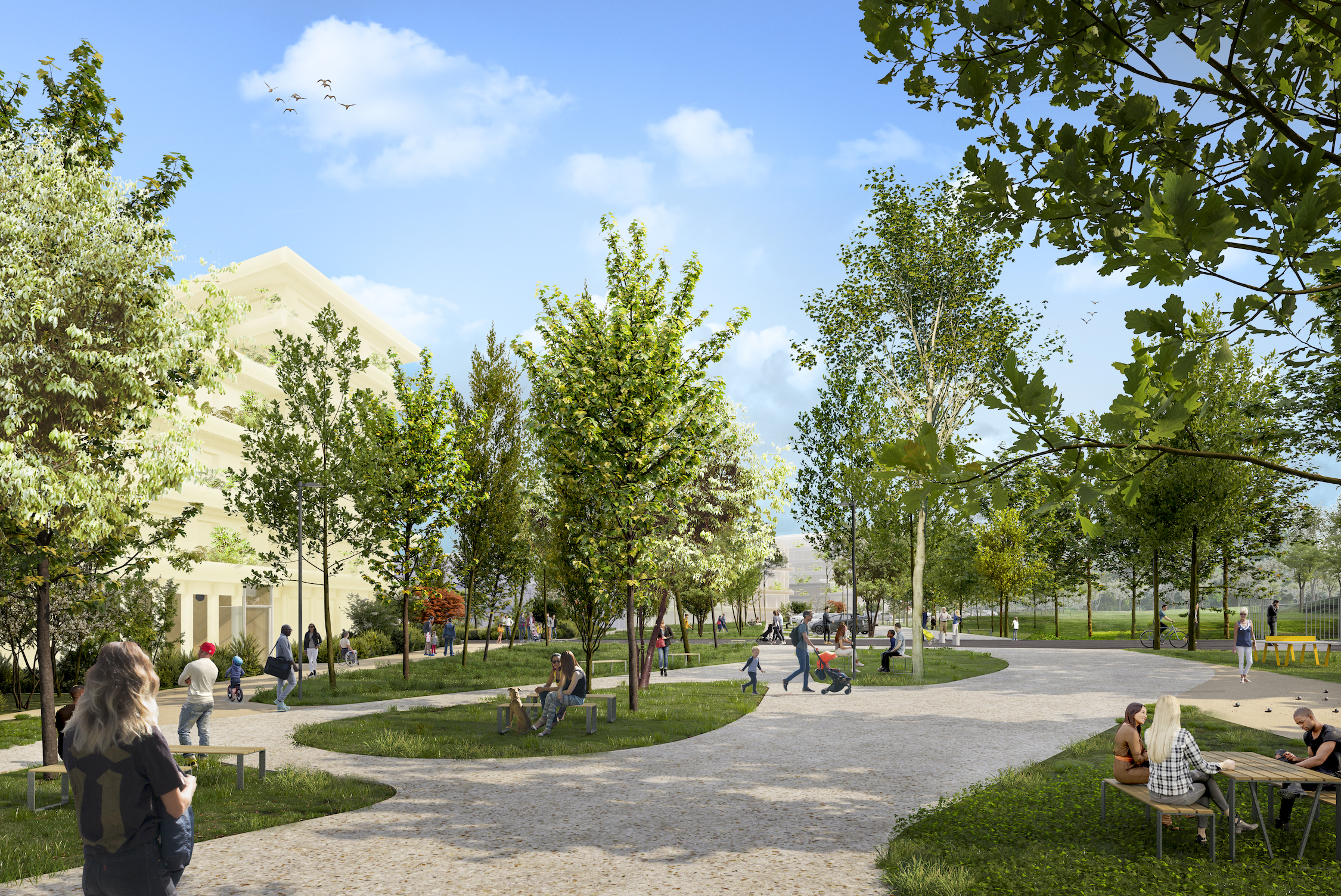 Vue de la lisière entre le nouveau quartier et le parc de L'Aire des Vents ©TVK - SOLIDEO � Image My Lucky Pixel